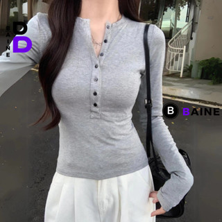 Áo Thun TAY DÀI CỔ TRÒN CÀI 6 NÚT Dáng Dài Nữ DD112, Áo Babytee Chất Thun Gân Kiểu Trơn Nhiều Màu BAINE