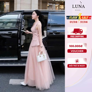 Set Đồ Tiểu Thư Sang Chảnh Luna Design Áo Dạ Thiết Kế Sát Nách Cổ V Phối Chân Váy Lưới Dáng Dài Đi Tiệc Hẹn Hò Dạo Phố