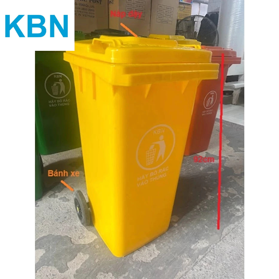 Thùng rác nhựa 60 lít - 120 lít - 240 lít KBN nhập khẩu chính hãng màu vàng có bánh xe nắp đậy