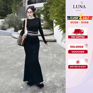 Set Đồ Hot Girl Miu Miu Luna Design Áo Dài Tay Ôm Body Phối Chân Váy Đuôi Cá Dáng Dài Đi Chơi Dạo Phố Sang Chảnh