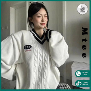 (Có Size) Áo len trắng Mtee cổ V viền sọc, Áo len thể thao cổ viền sọc đen trắng Hàn Quốc AL10