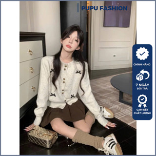 Áo cardigan xám tiêu Pupu đính nơ, Áo khoác len dáng ngắn phong cách tiểu thư