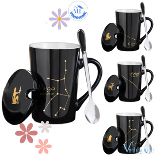 Ly Cốc Sứ Có Nắp 12 Cung Hoàng Đạo Đen Huyền Bí Chất Liệu Cao Cấp Kèm Muỗng Tiện Dụng