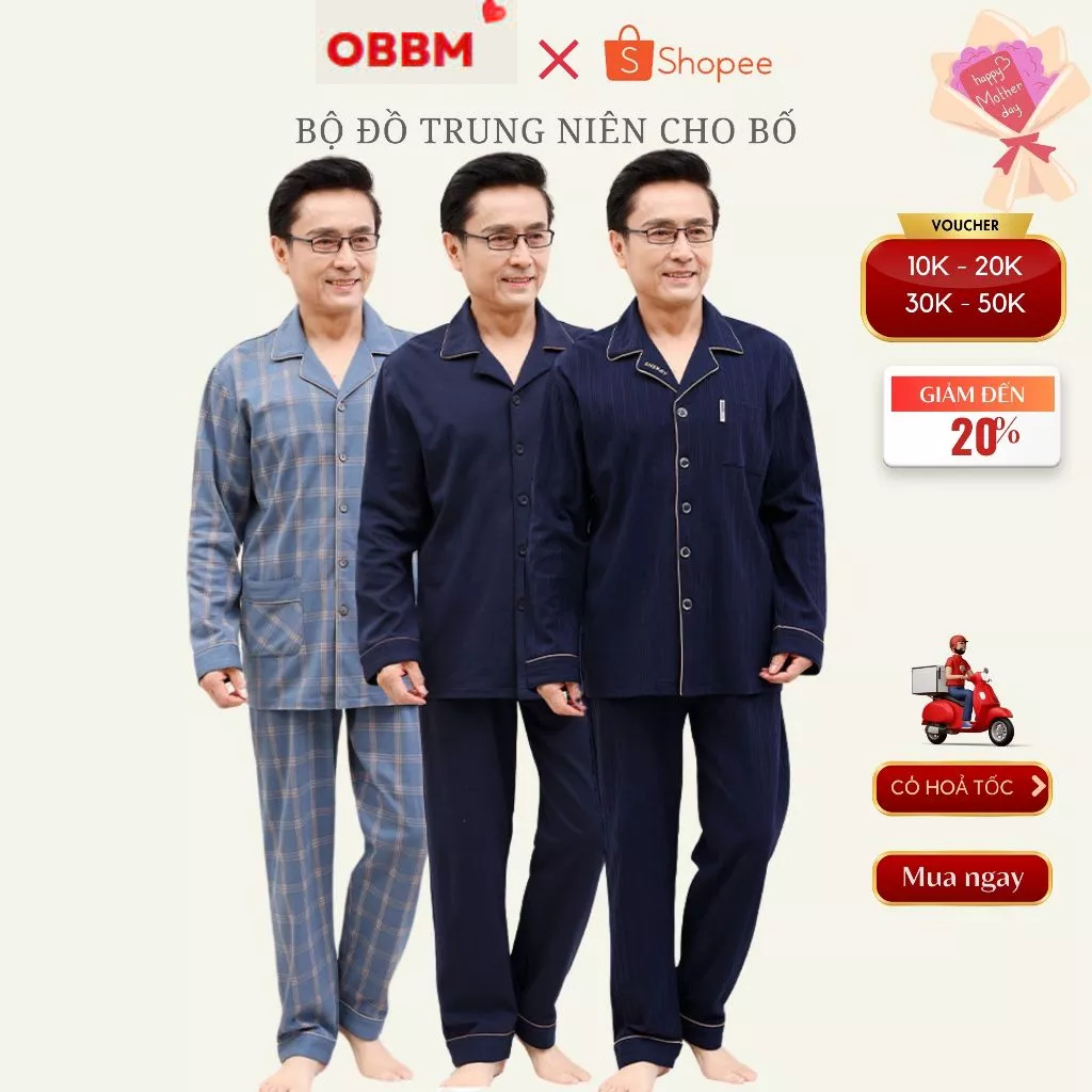 Bộ pyzama cho người già, bộ đồ mặc nhà cho ông và bố , cotton 100%, hàng đẹp_pyazama vải dài tay ông