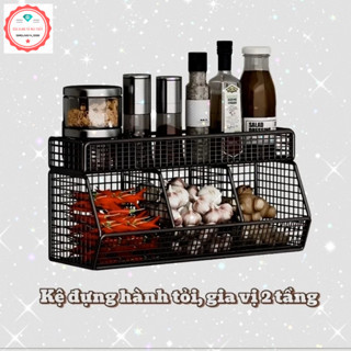 Giỏ Đựng Hành Tỏi Dán Tường, Kệ Đựng Gia Vị 3 Ngăn 2 Tầng Gắn Tường Nhà Bếp Tiện Lợi Bằng Thép - Kèm Miếng Dán