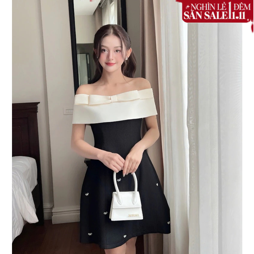 ZAMY SHOP - Váy TK trễ vai gân sóng nơ ngực nữ tiểu thư thanh lịch dự tiệc xinh đẹp