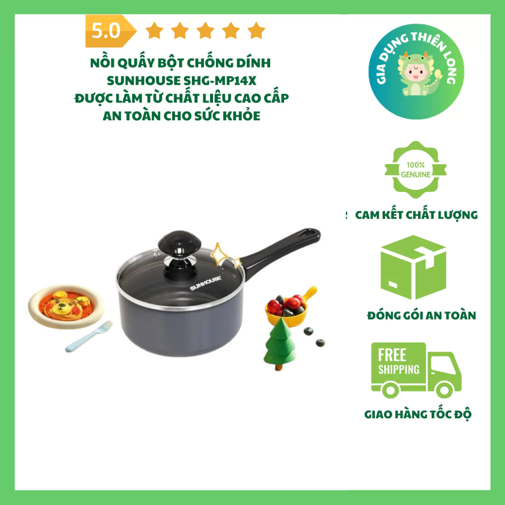 Nồi Quấy Bột Chống Dính Sunhouse SHG-MP14X, Chất Liệu Hợp Kim Nhôm Chống Dính, Nắp Kính Cường Lực
