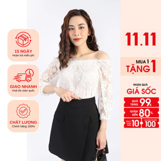 FAS73417 - Áo kiểu dạo phố vải ren dáng suông croptop trễ vai bo chun - PANTIO