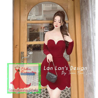 VÁY NHUNG XÒE CÚP TAY RƠI PHÓI VIỀN REN TRẮNG 151123