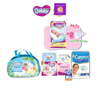 Combo Mẹ đi sinh: Miếng lót Bobby 1-28, tã dán Bobby XS38, khăn ướt Bobby 80m, BVS Mama 12m, tã dán Caryn 3m, túi mẹ bé