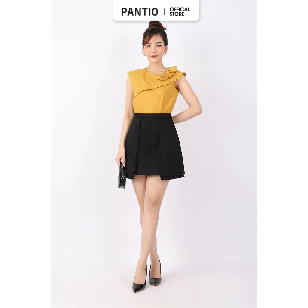 FAS33516 - Áo kiểu công sở vải thô dáng suông cổ tròn phối bèo xếp ly - PANTIO