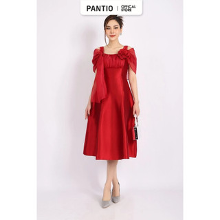 FDH5380 - Đầm dự tiệc vải tafta dáng xòe hai dây ngực xếp nhún kèm hoa cài áo và vải lụa voan tạo kiểu - PANTIO