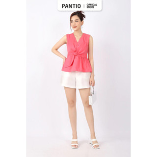 FAS33549 - Áo kiểu dạo phố vải thô dáng peplum cổ V thân ngực phối nơ 3D khóa thân sau - PANTIO