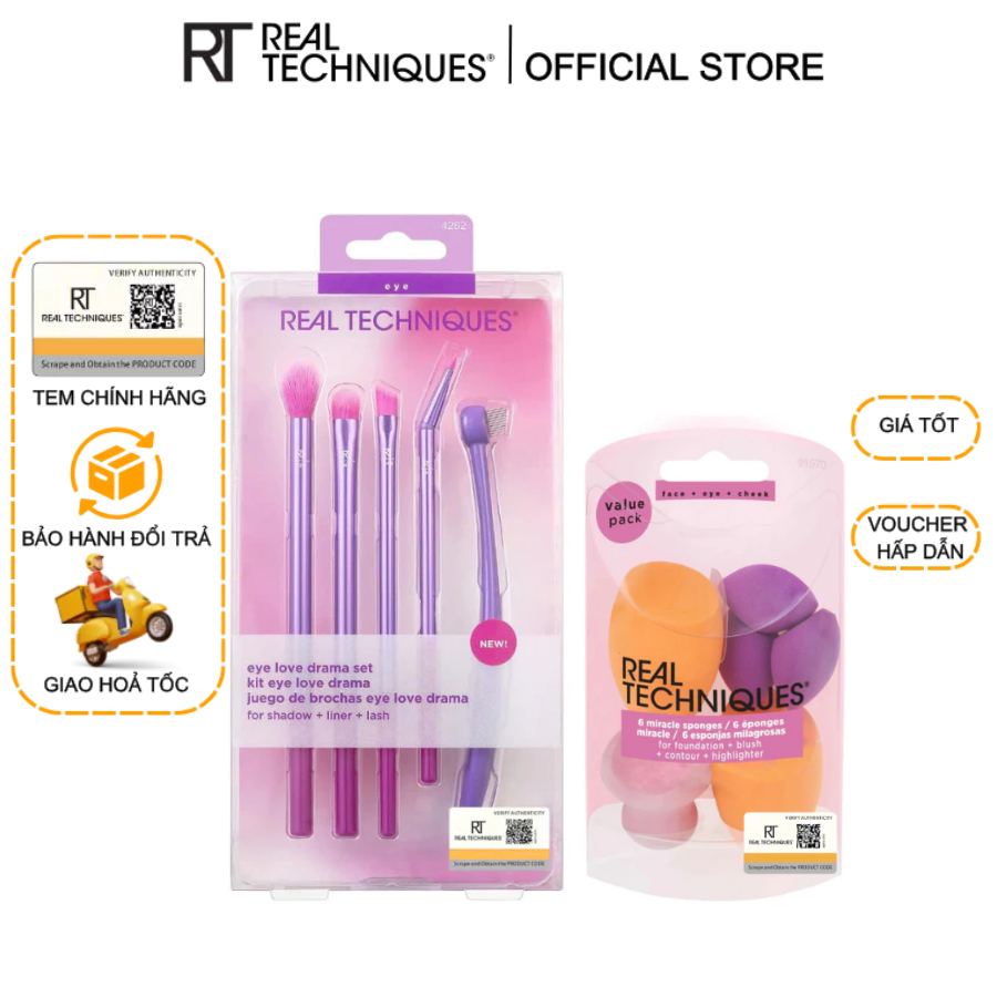 Combo 6 mút trang điểm RT Real Techniques và Bộ 5 cây cọ mắt RT Real Techniques Kit Eye Love Drama