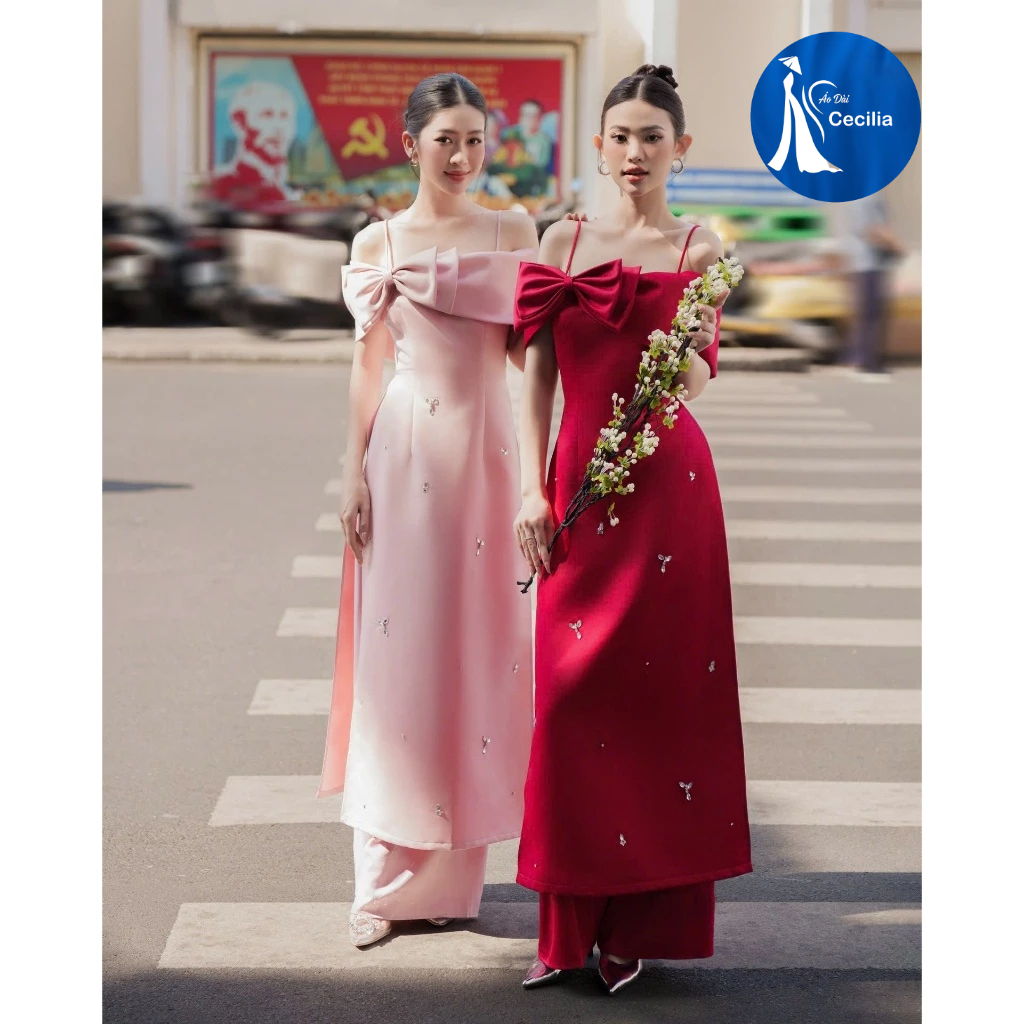 Áo Dài Thiết Kế, Cách Tân 2 Dây Trễ Vai phối Nơ kép lệch vai siêu xinh