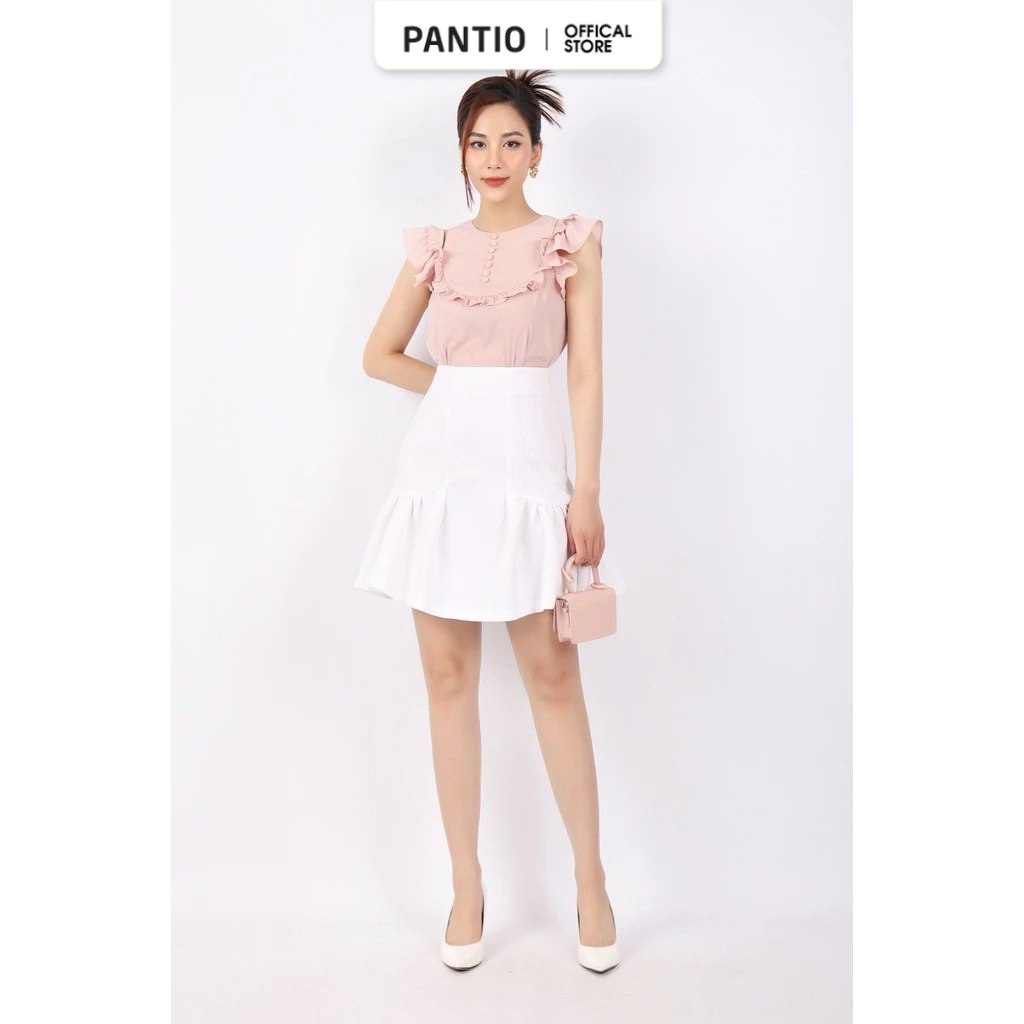 FAS33499 - Áo kiểu công sở vải thô lụa dáng suông cổ tròn thân phối bèo đính cúc bọc vai cut- PANTIO