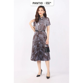 FDC33744 - Đầm công sở vải thô lụa dáng xòe chân rập ly cổ đức cài cúc kèm thắt lưng tạo kiểu - PANTIO