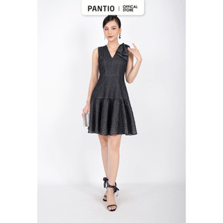 FDP32978 - Đầm dạo phố vải voan dáng xòe cổ V vai đính nơ 3D bản to - PANTIO