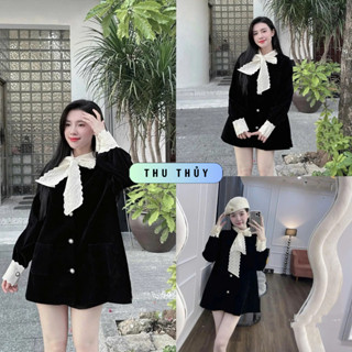 Váy Nhung Cổ Nơ Ren,Chất Nhung Cứng May 2 Lớp Cao Cấp