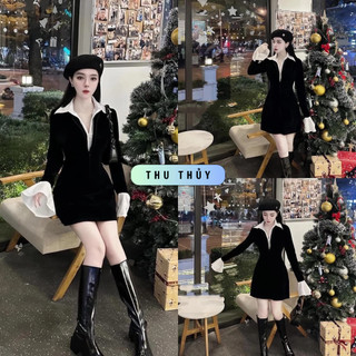 Váy Nhung Khóa Lồng Phối Cổ Sơ Mi, Thiết Kế Tay Loe Siêu Xinh