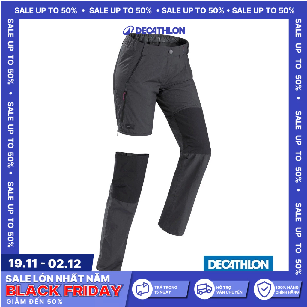 Quần dài leo núi trekking có thể điều chỉnh cho nữ travel 100 xám DECATHLON forclaz mã 8544763