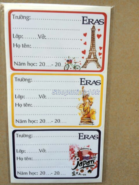 Set 15 Nhãn vở học sinh Eras E581
