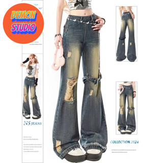 Quần jean rách ống loe theo phong cách retro của Mỹ thiết kế mới quần ống rộng và dáng suông