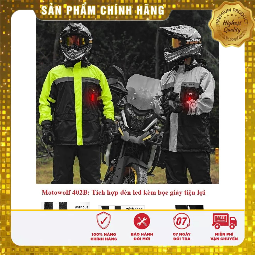 Áo Mưa Bộ Motowolf MDL 0402B – Tích Hợp Bọc Giày, Đèn Led