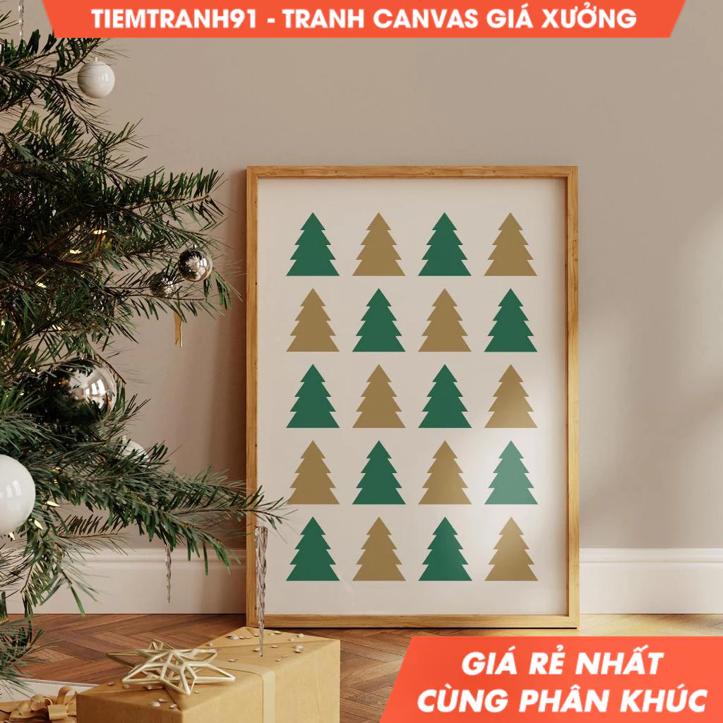 Tranh treo tường, Christmas Tree Wall Art, Green Gold Modern Christmas Tree, Holiday Decor, tặng kèm