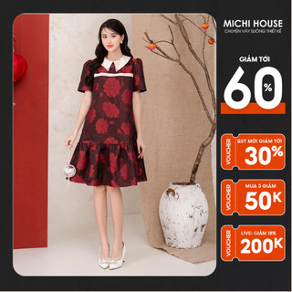 Đầm Suông Đuôi Cá MICHI House Váy Xuông Đỏ Họa Tiết Hoa Tay Bồng Freesize V693
