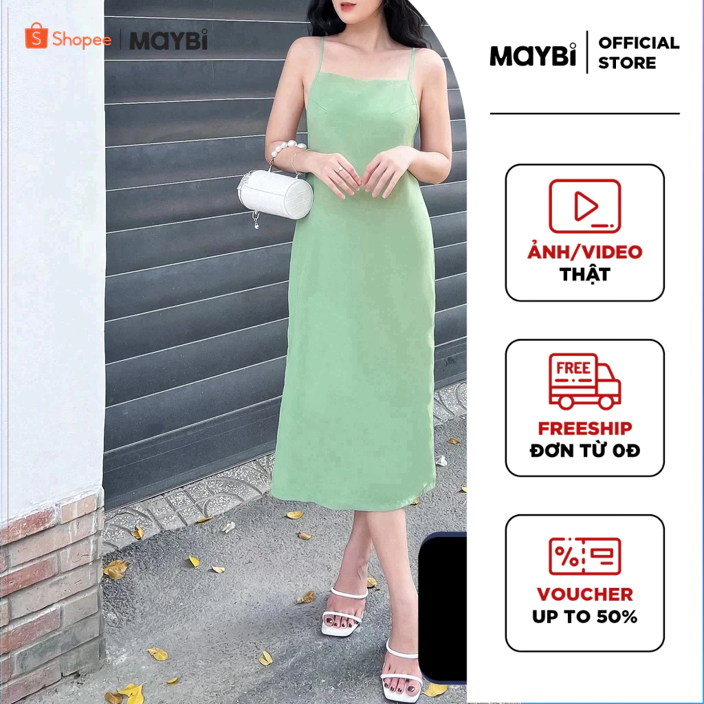 MAYBI Đầm midi suông lụa 2 dây khoét lưng