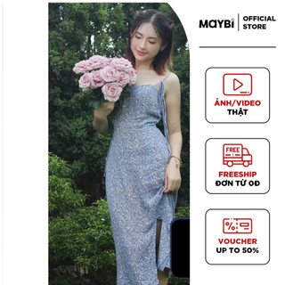 Đầm 2 dây Maybi ôm in hoa nhí nền xanh xẻ tà