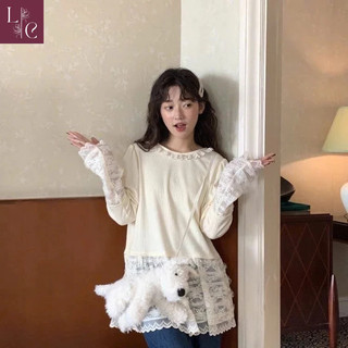   AT03  Áo thun dài tay cổ tròn Lena gấu ren Áo thun mỏng thu đông trắng kem dễ thương​ 
