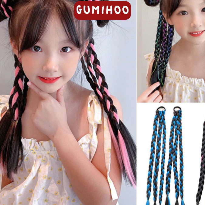 Tóc giả cho bé gái thắt bím tết bện 2 bên đuôi ngựa nữ xoắn tự nhiên Gumihoo1