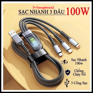 PVN67645 Dây cáp sạc siêu nhanh 3 đầu 100w, micro usb type c 3 trong 1 dây cáp dữ liệu tongkhosi2