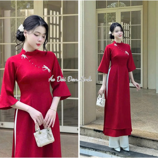 Áo dài cách tân màu đỏ lụa mỹ mềm mịn mát - nhà Lind