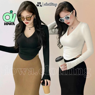 Áo Croptop TAY DÀI CỔ TIM VẠT TRÒN BẦU Chất Gân CR112, Áo Thun Crt Cổ V Ôm Body Nữ Kiểu Sexy Tôn Dáng IOWA