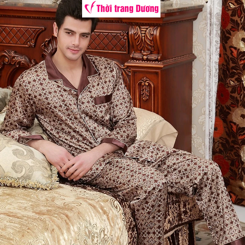 [M-3XL] Pijama nam dài tay mặc nhà phối họa tiết nổi bật vải lụa satin mềm mại, thoáng mát NG057 -Thời Trang Dương