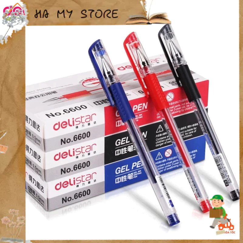 (Combo 12) Bút bi mực gel nắp đậy 0.5mm Deli E6600S
