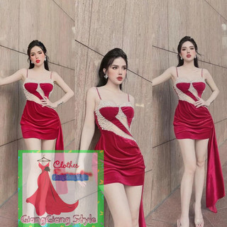 VÁY NHUNG BODY PHỐI VẠT RƠI DÀI ĐÍNH HẠT 2 dây 121123