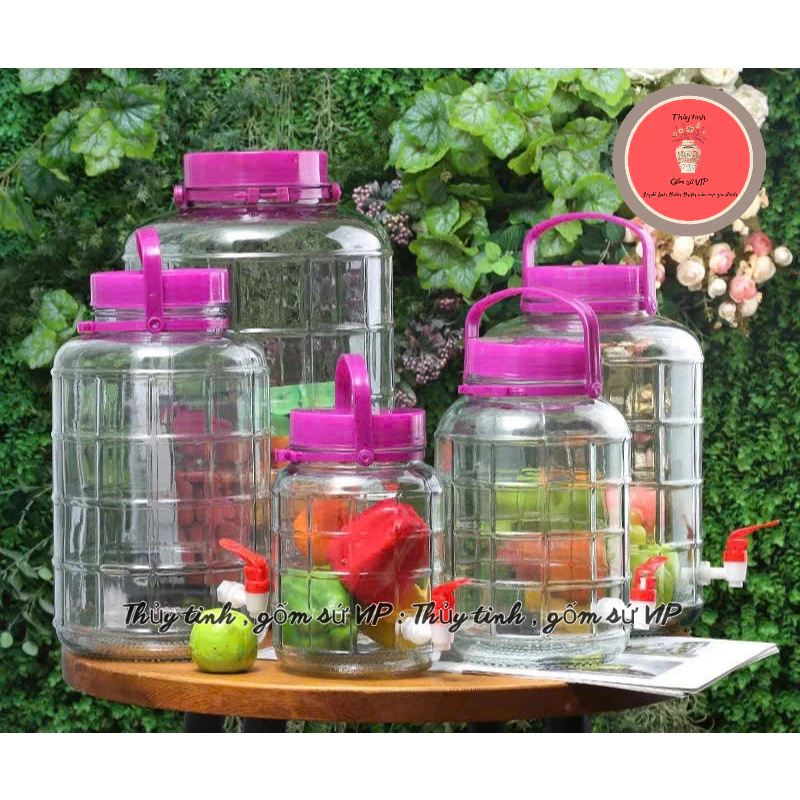 Bình thủy tinh ngâm rượu nắp tím có quai xách 10L