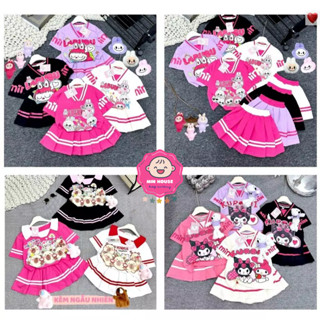 (15-40kg) Set thun cotton áo cổ tim in hình Kuromi, Labubu phối chân váy xếp ly KÈM THỎ ÁO HỒNG xinh xắn cho bé gái
