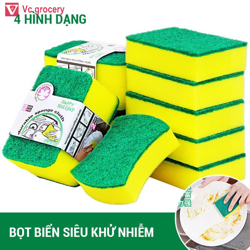 Bộ 5 món Miếng bọt biển rửa chén bát xanh vàng tiện dụng, miếng cọ rửa xoong nồi sạch bóng giá rẻ
