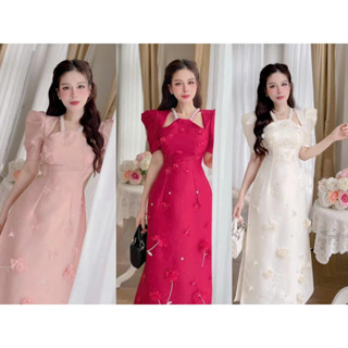 Áo dài cách tân, thiết kế cổ yếm đính đá, tay bồng đính kết thủ công sang chảnh