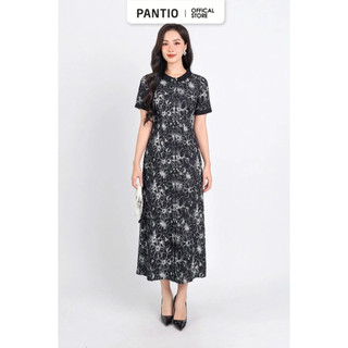  FDC35030 - Đầm công sở vải lụa dập ly dáng suông dài cổ tròn khối khuy trang trí khoá thân sau - PANTIO 