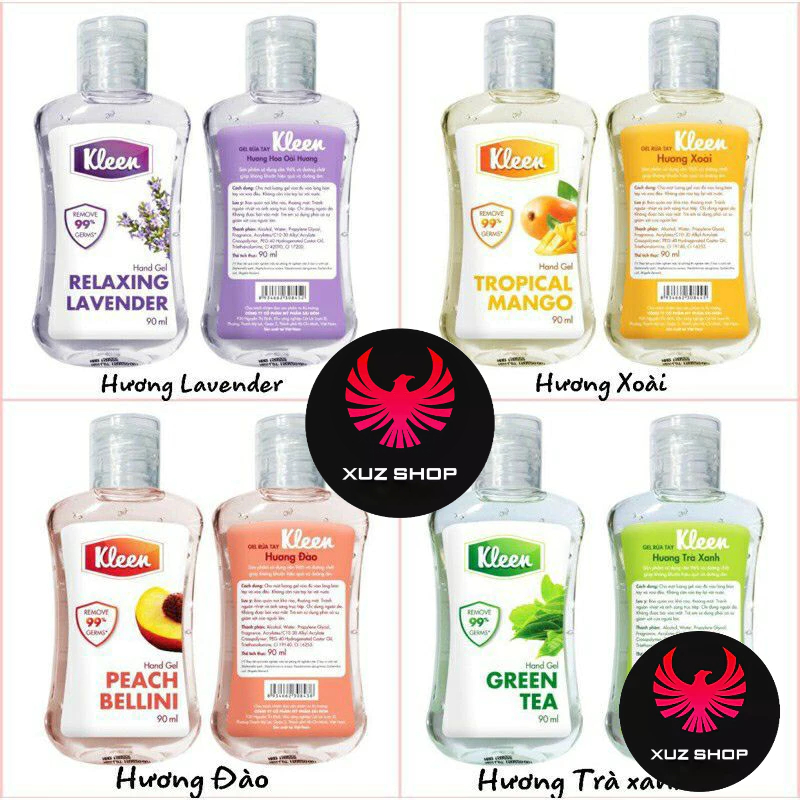 Gel rửa tay khô Kleen hương xoài/lavender/trà xanh/hương đào 90ml