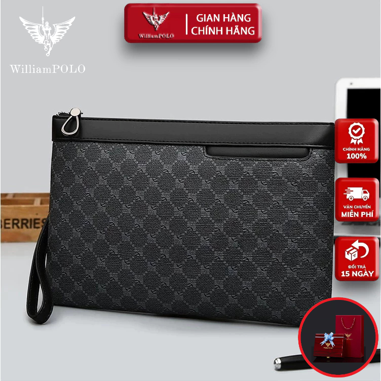 Ví Cầm Tay Nam Da Bò, Clutch Nam Hàng Hiệu WilliamPoLo Túi kẹp nách nam Cao Cấp size 27cm