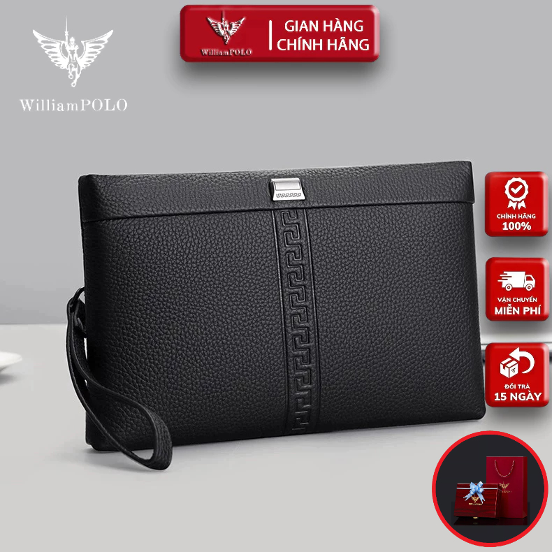 Ví Cầm Tay Nam Da Bò Clutch Nam Hàng Hiệu WilliamPoLo Túi kẹp nách nam Cao Cấp WLC19 size 27cm 