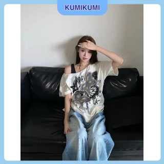Áo retro trễ vai Kumikumi dây quai một bên, Áo thun hình bướm kiểu cách phóng khoáng cá tính