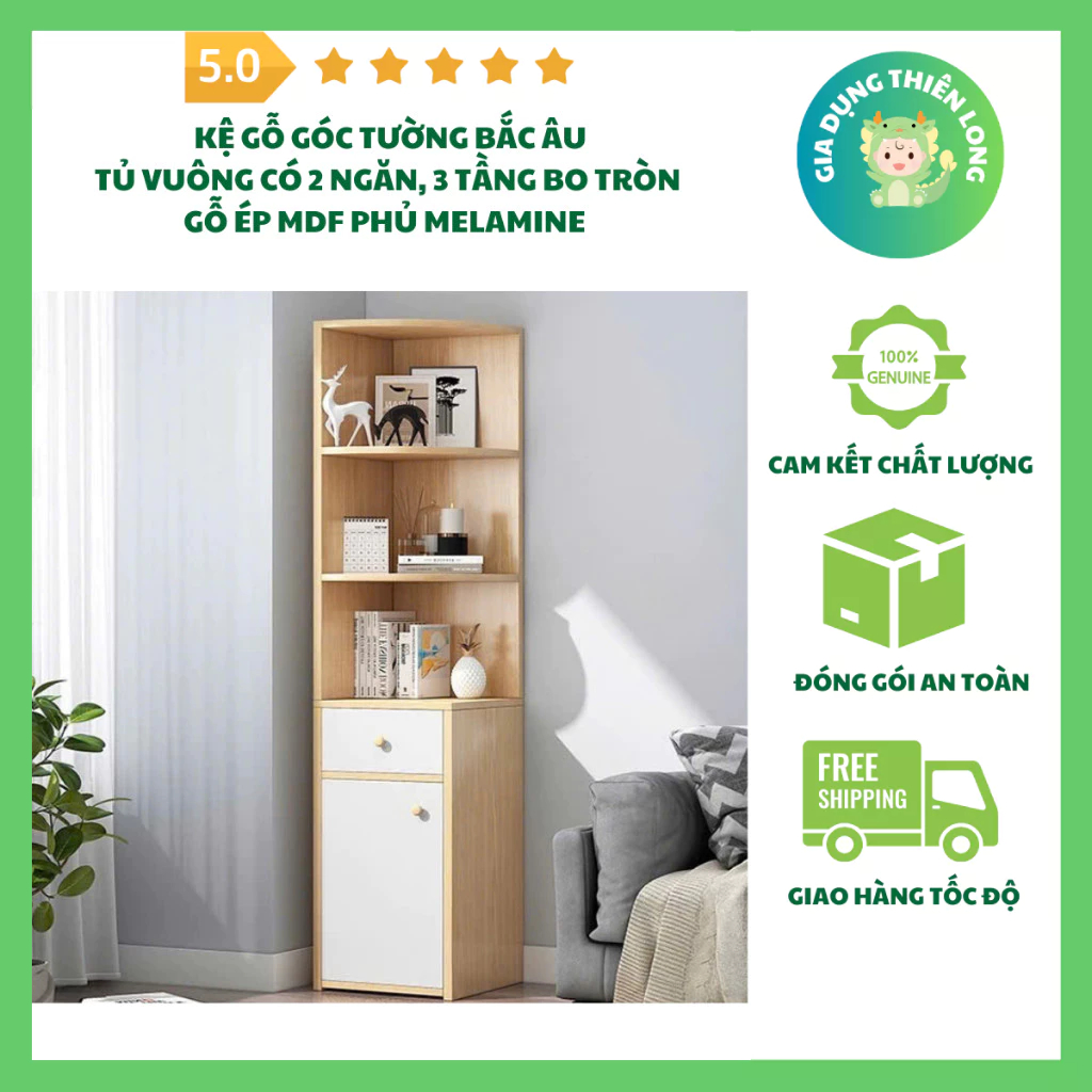 Kệ Gỗ Góc Tường Bắc Âu Đa Năng Với Tủ Vuông 2 Ngăn, 3 Tầng Bo Tròn, Chất Liệu Gỗ MDF Phủ Melamine